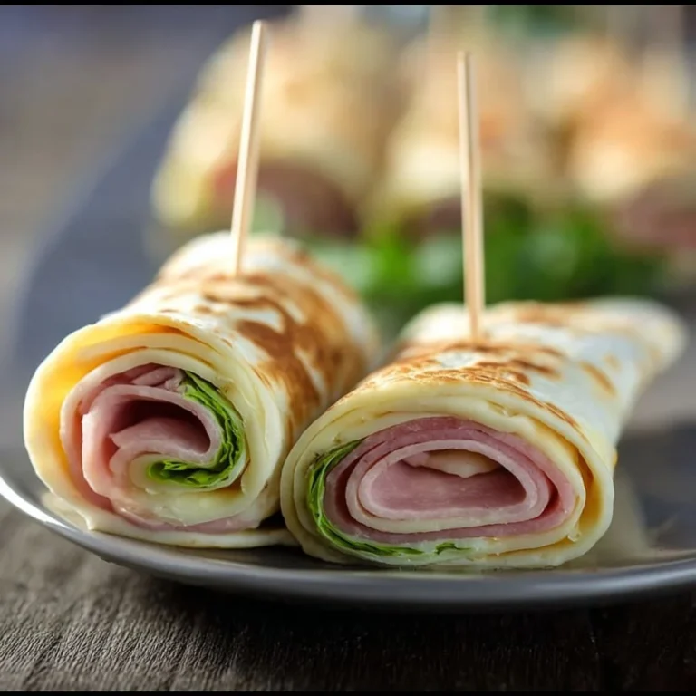 Käse-Schinken-Wraps auf einem Teller, lecker und einfach zuzubereiten.