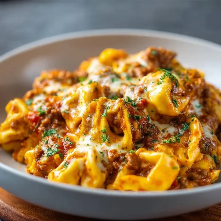 Käse-Taco-Tortellini-Auflauf in einer Auflaufform, frisch aus dem Ofen.