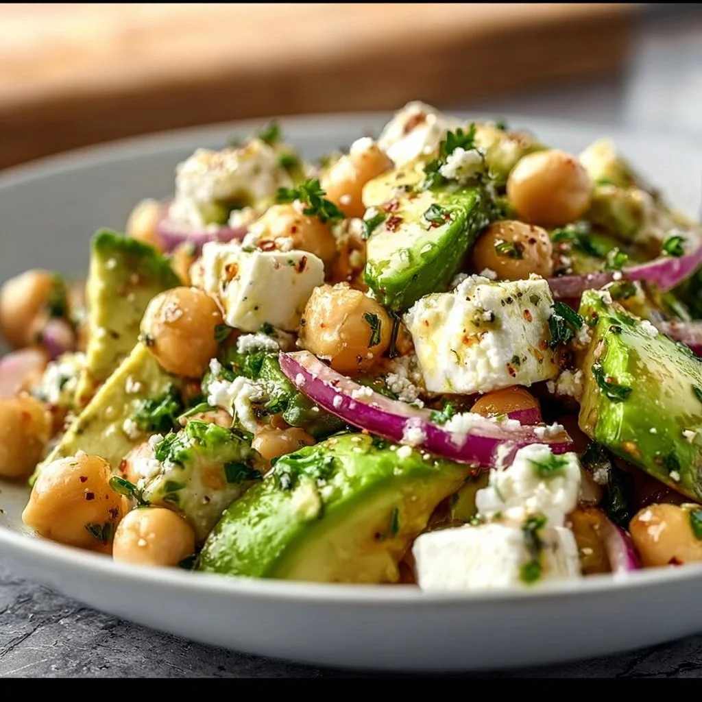 Kichererbsen-Feta-Avocado-Salat mit frischen Zutaten und bunten Farben