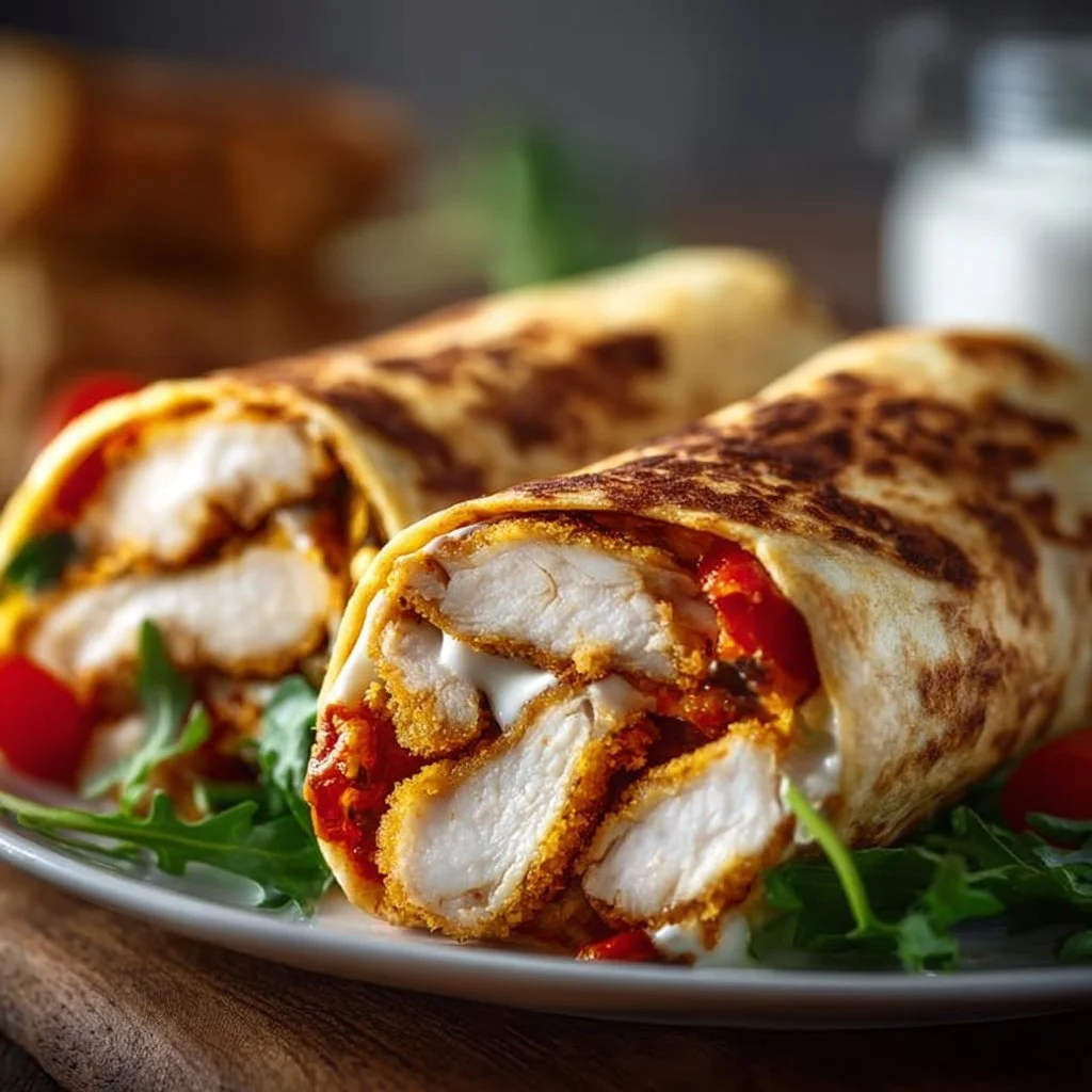 Köstliche knusprige Hähnchen-Mozzarella-Wraps aus dem Airfryer auf einem Teller serviert.