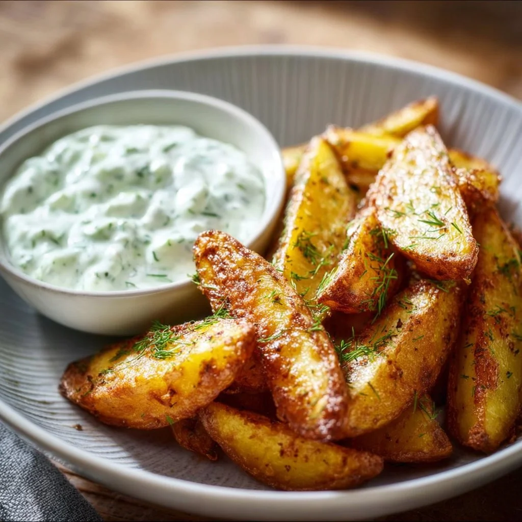 Knusprige Kartoffelspalten mit erfrischendem Gurkendip