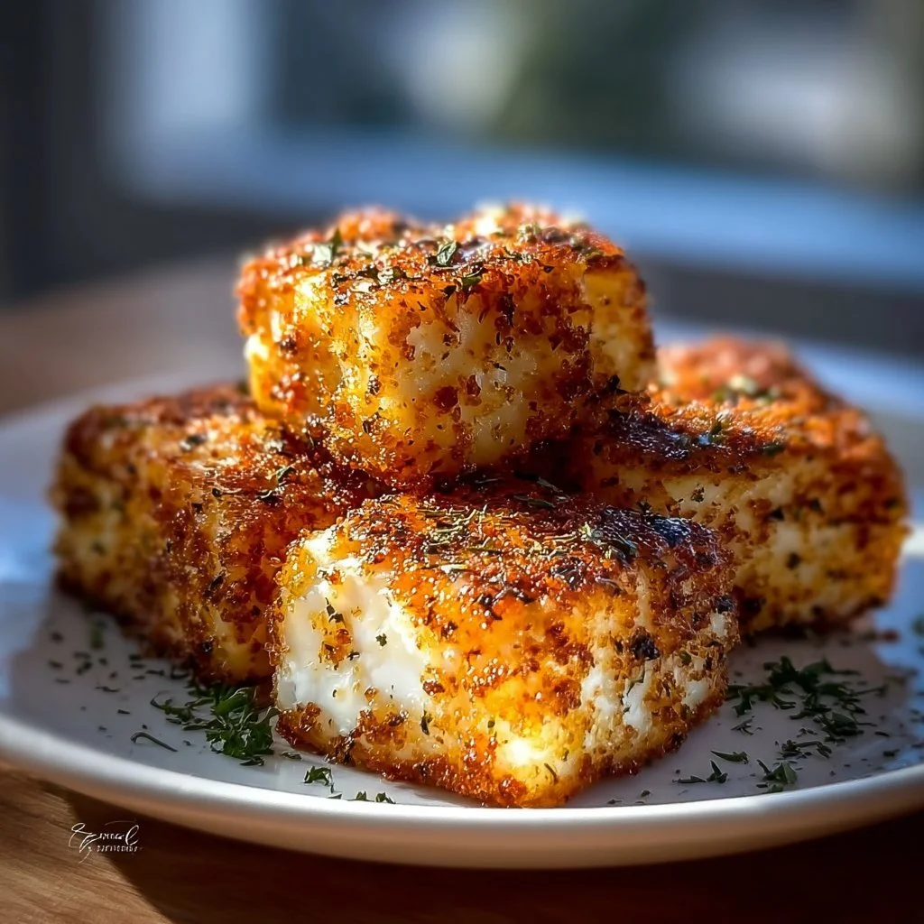 Knuspriger Feta aus dem Airfryer auf einem Teller angerichtet
