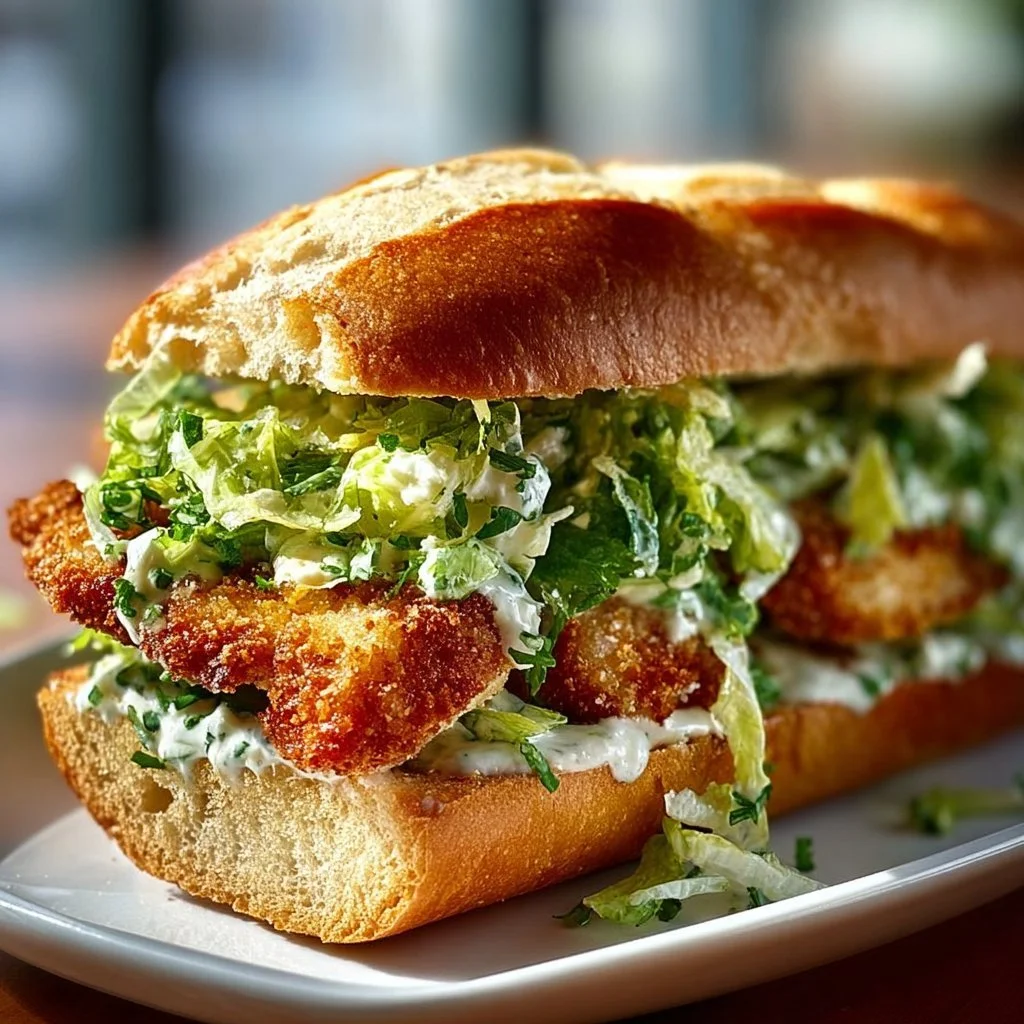Knuspriges Hähnchen-Caesar-Sandwich mit frischem Salat und cremigem Dressing