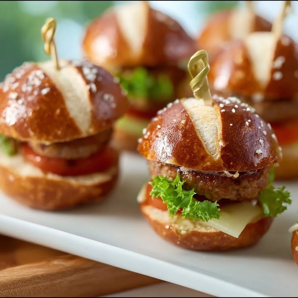 Mini-Laugen-Burger mit Leberkäse auf einem Teller serviert