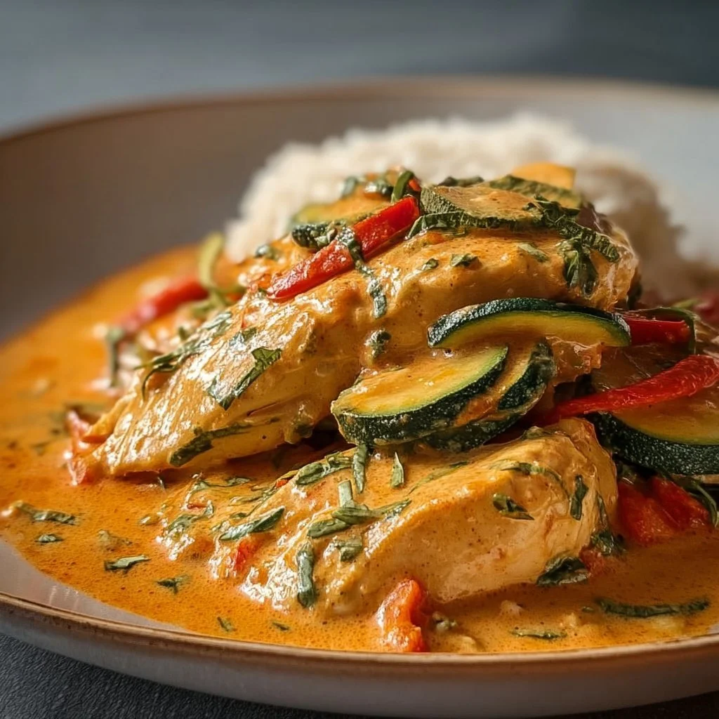 Paprika-Zucchini-Hähnchen in cremiger Sahnesoße serviert auf einem Teller