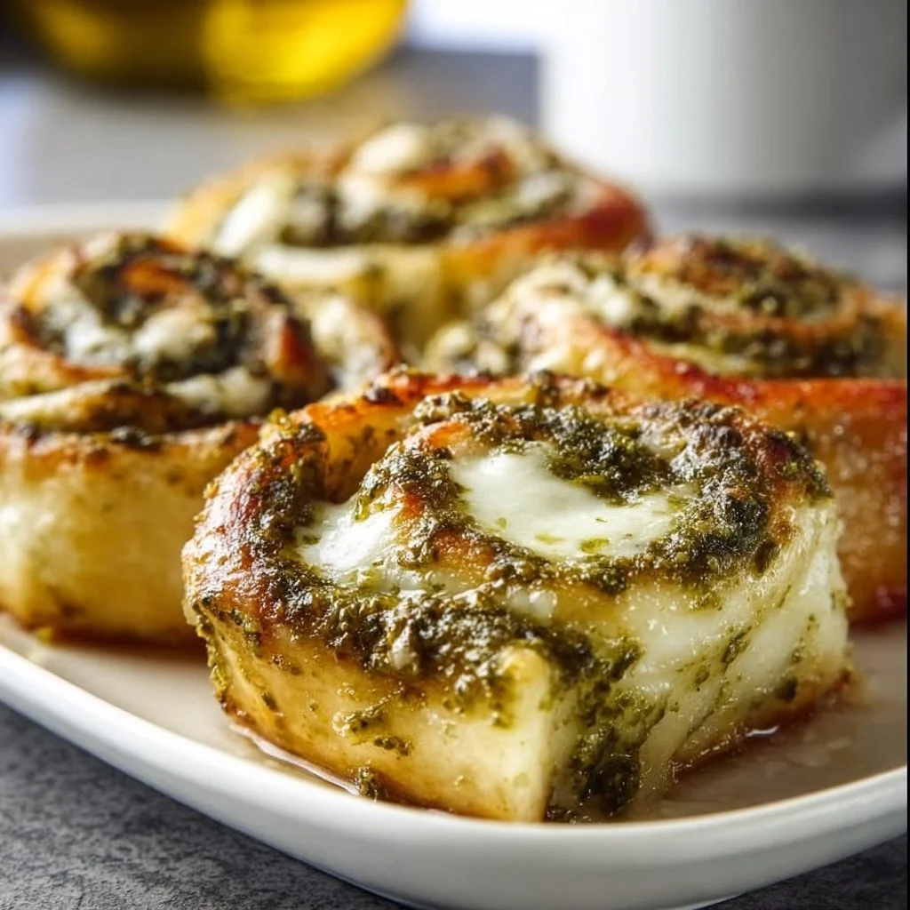 Pizzaschnecken mit Pesto und Mozzarella auf einem Teller angerichtet