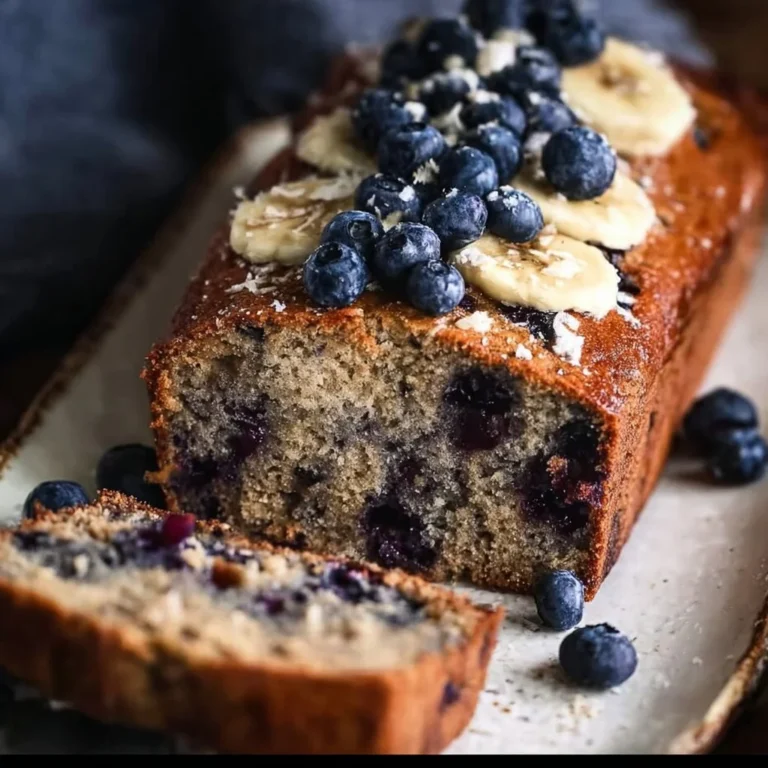 Saftiges Bananenbrot mit Blaubeeren auf einem Teller