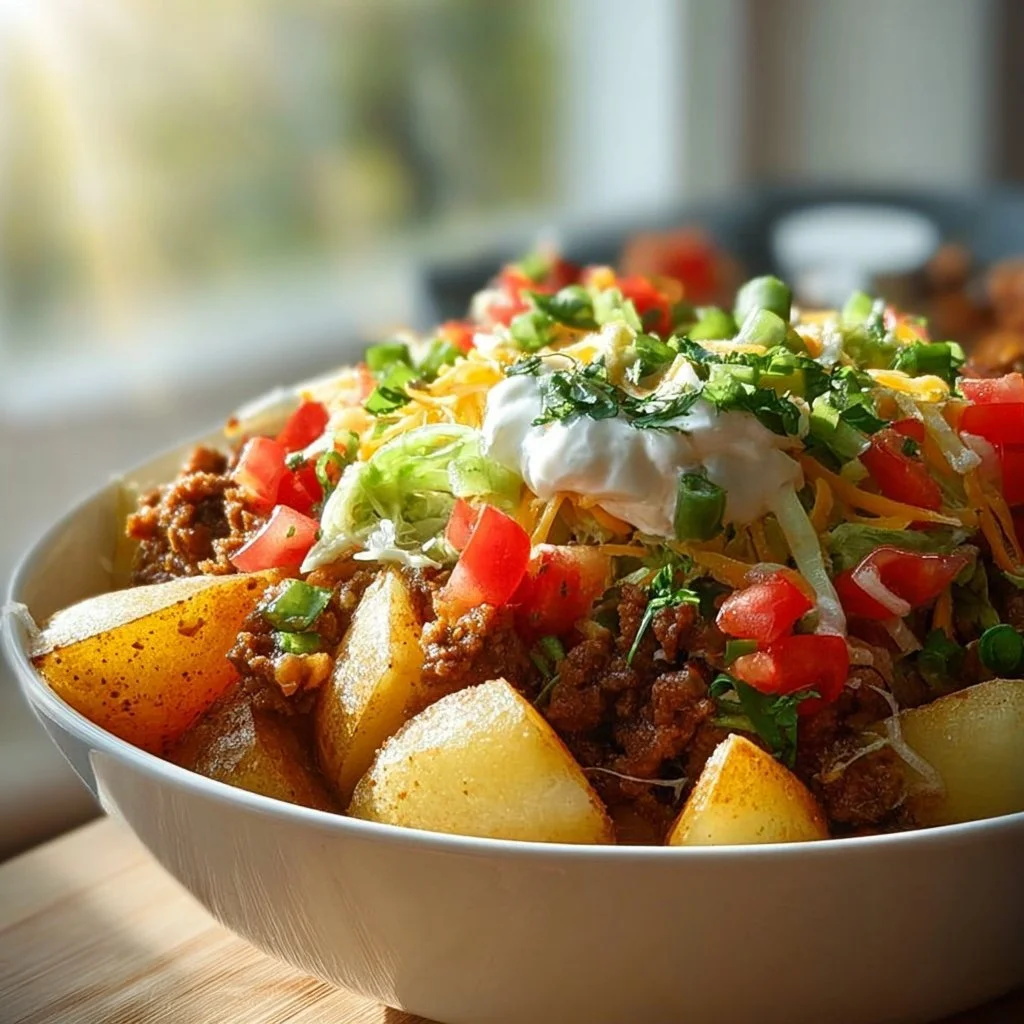 Schnelle Kartoffel-Taco-Bowl mit frischen Zutaten und buntem Gemüse.