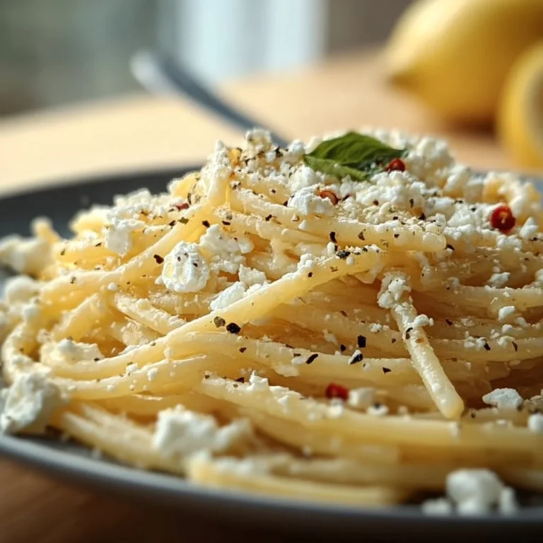 Spaghetti mit Feta und Zitrone auf einem Teller garniert mit frischem Basilikum