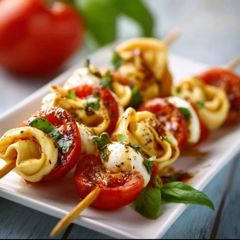 Tortellini-Spieße mit Tomate und Mozzarella auf einem Teller