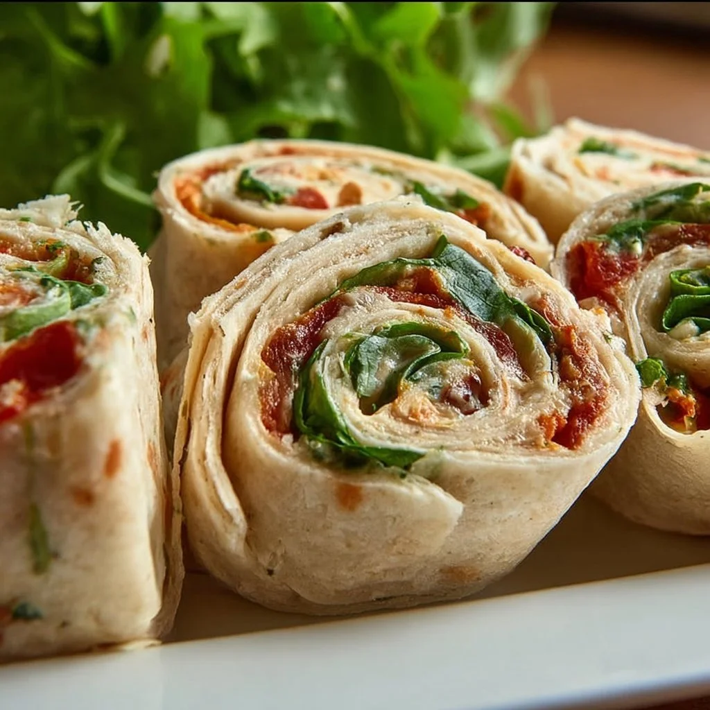 Vegetarische Wrap-Röllchen gefüllt mit Rucola und Tomaten auf einem Teller