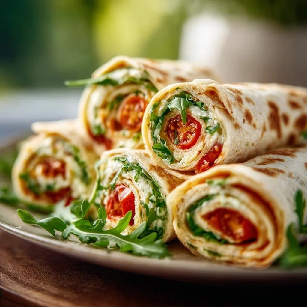 Vegetarische Wrap Röllchen gefüllt mit Rucola und Tomaten auf einem Teller.