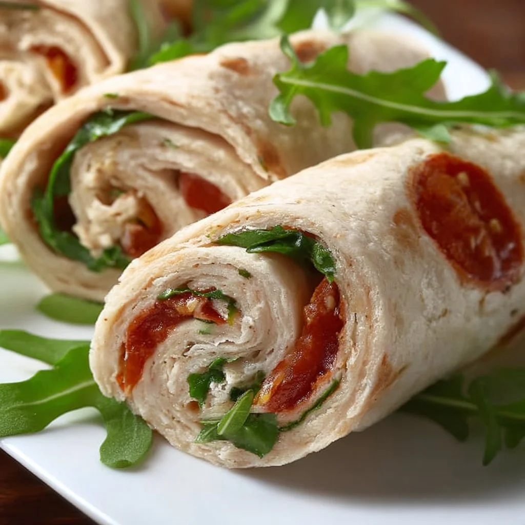 Vegetarische Wrap-Röllchen mit Rucola und Tomaten