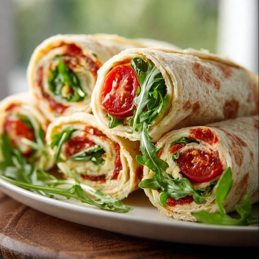 Vegetarische Wrap Röllchen mit Rucola und Tomaten