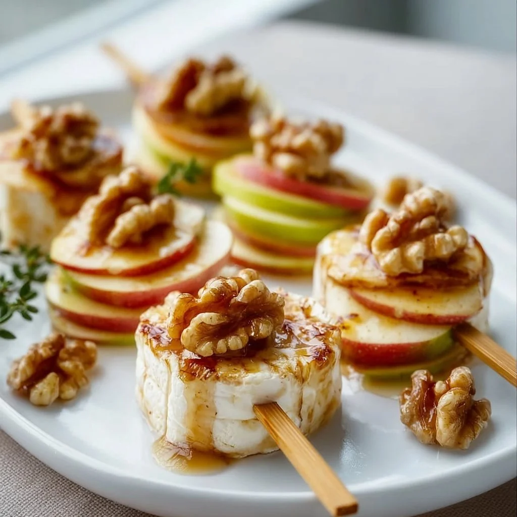Apfel-Camembert-Spieße mit Walnüssen auf einem Teller