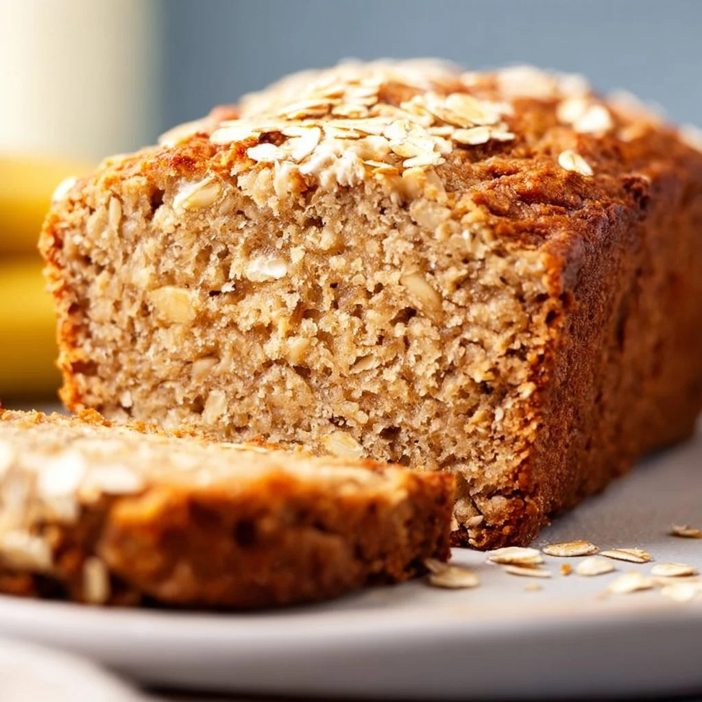 Bananenbrot mit Haferflocken und Joghurt auf einem rustikalen Holzbrett