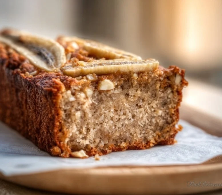 Ein saftiger Bananenkuchen mit einer goldbraunen Kruste und Scheiben frischer Banane.