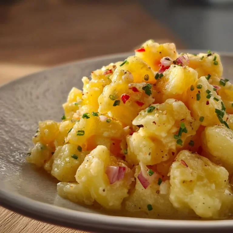 Bayerischer Kartoffelsalat mit Brühe, Essig und Öl auf einem Teller