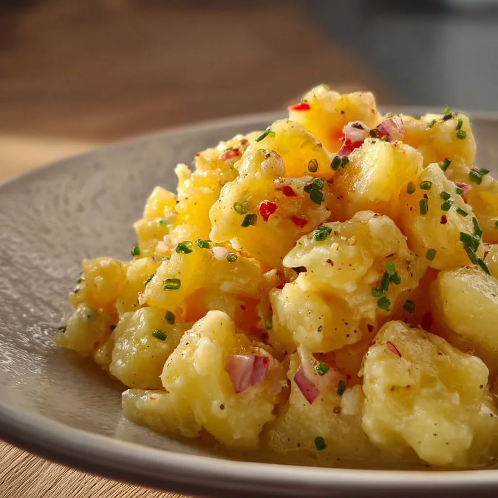 Bayerischer Kartoffelsalat mit Brühe, Essig und Öl auf einem Teller