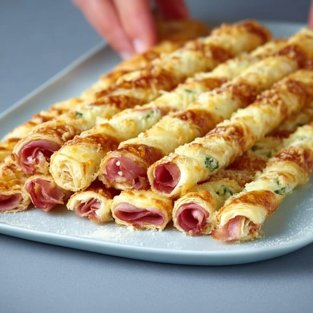 Blätterteigstangen mit Schinken und Käse auf einem weißen Teller