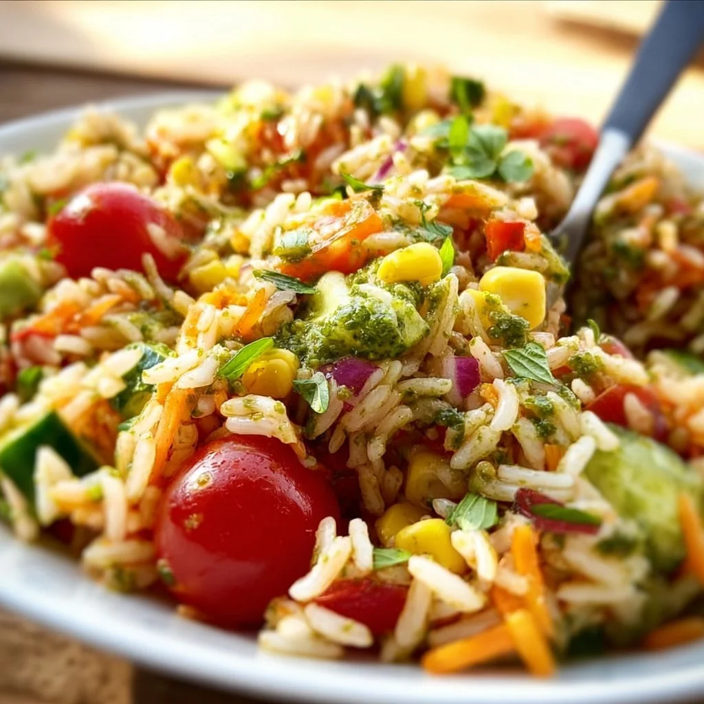 Bunter Reissalat mit Pesto-Dressing, frisch zubereitet und gesund.