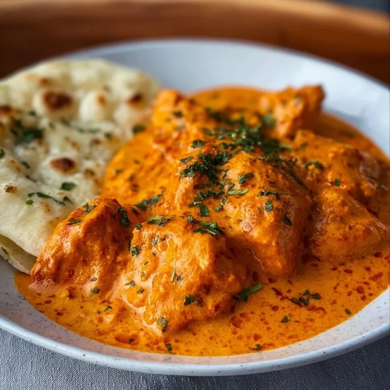 Köstliches Butterhühnchen serviert mit Reis und frischem Koriander.