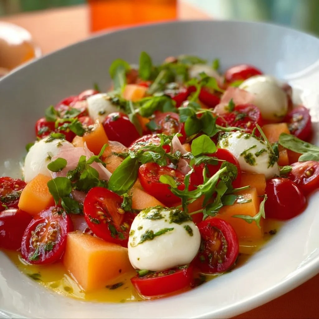 Cantaloupe-Salat mit Cocktailtomaten und Büffel-Mozzarella auf einem Teller