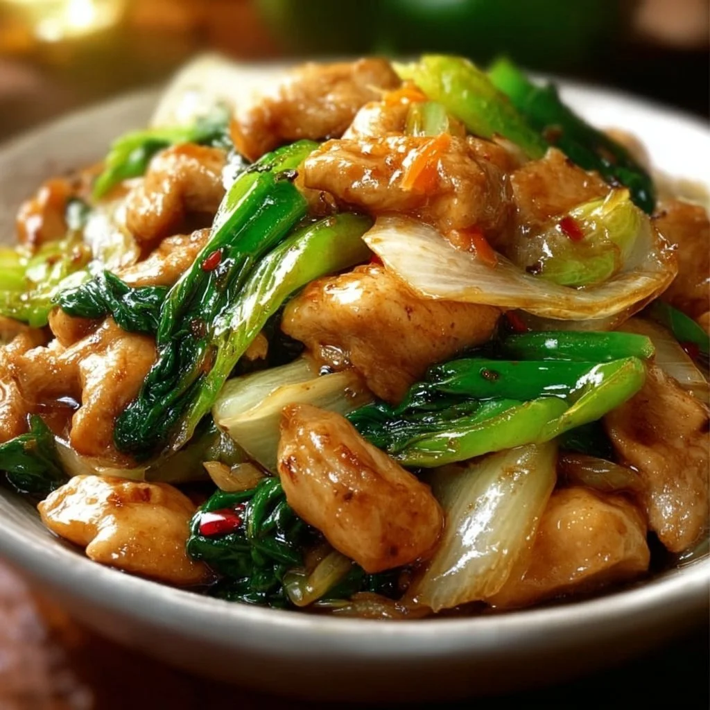 Chinesische Hähnchenpfanne mit Spitzkohl und Zwiebel auf einem Teller serviert.
