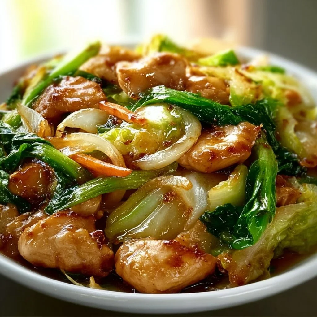 Chinesische Hähnchenpfanne mit Spitzkohl und Zwiebel
