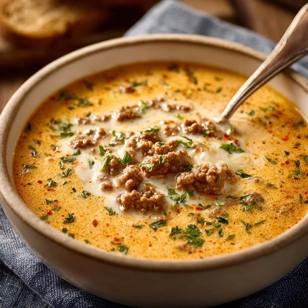 Cremige Käsesuppe mit Hackfleisch in einer Schüssel serviert