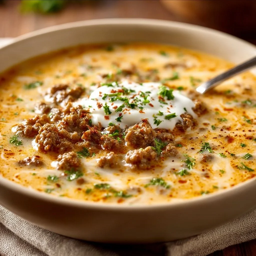 Cremige Käsesuppe mit Hackfleisch