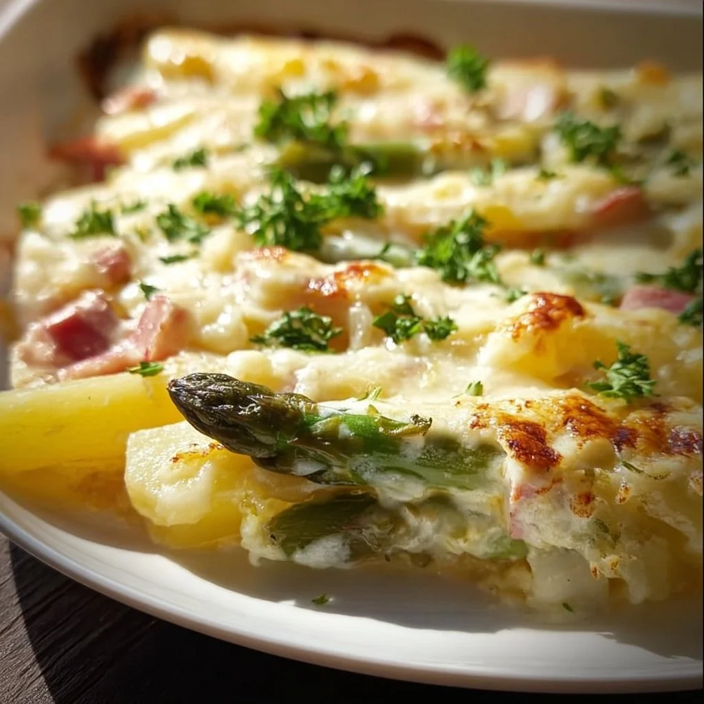 Cremiger Spargelauflauf mit Kartoffeln und Schinken