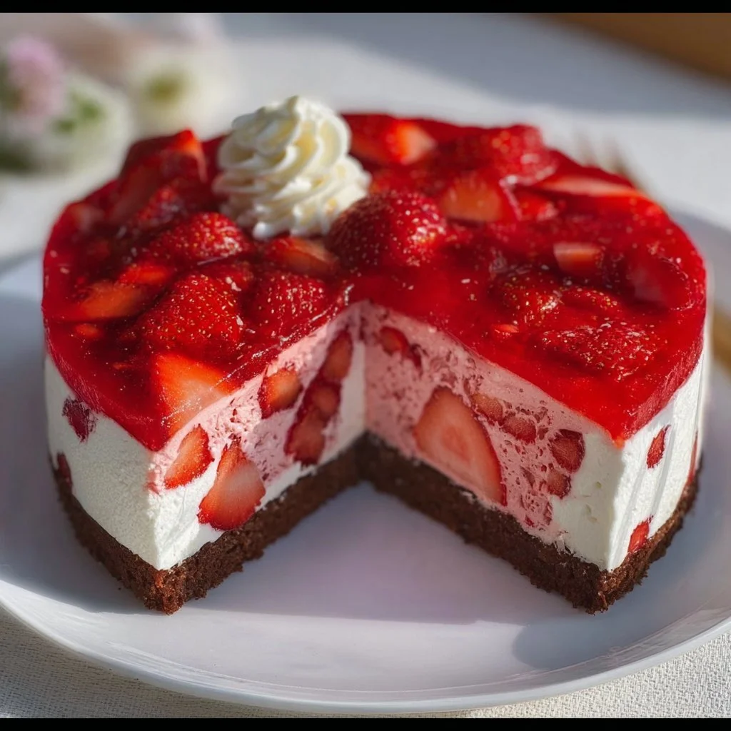 Perfekter Erdbeerkuchen mit Mascarpone auf einem Teller, dekoriert mit frischen Erdbeeren.