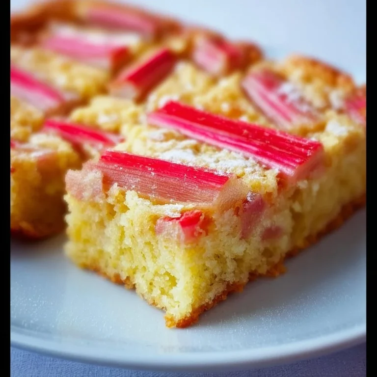 Rhabarber Sheet Cake mit Vanillepudding auf einem Teller serviert