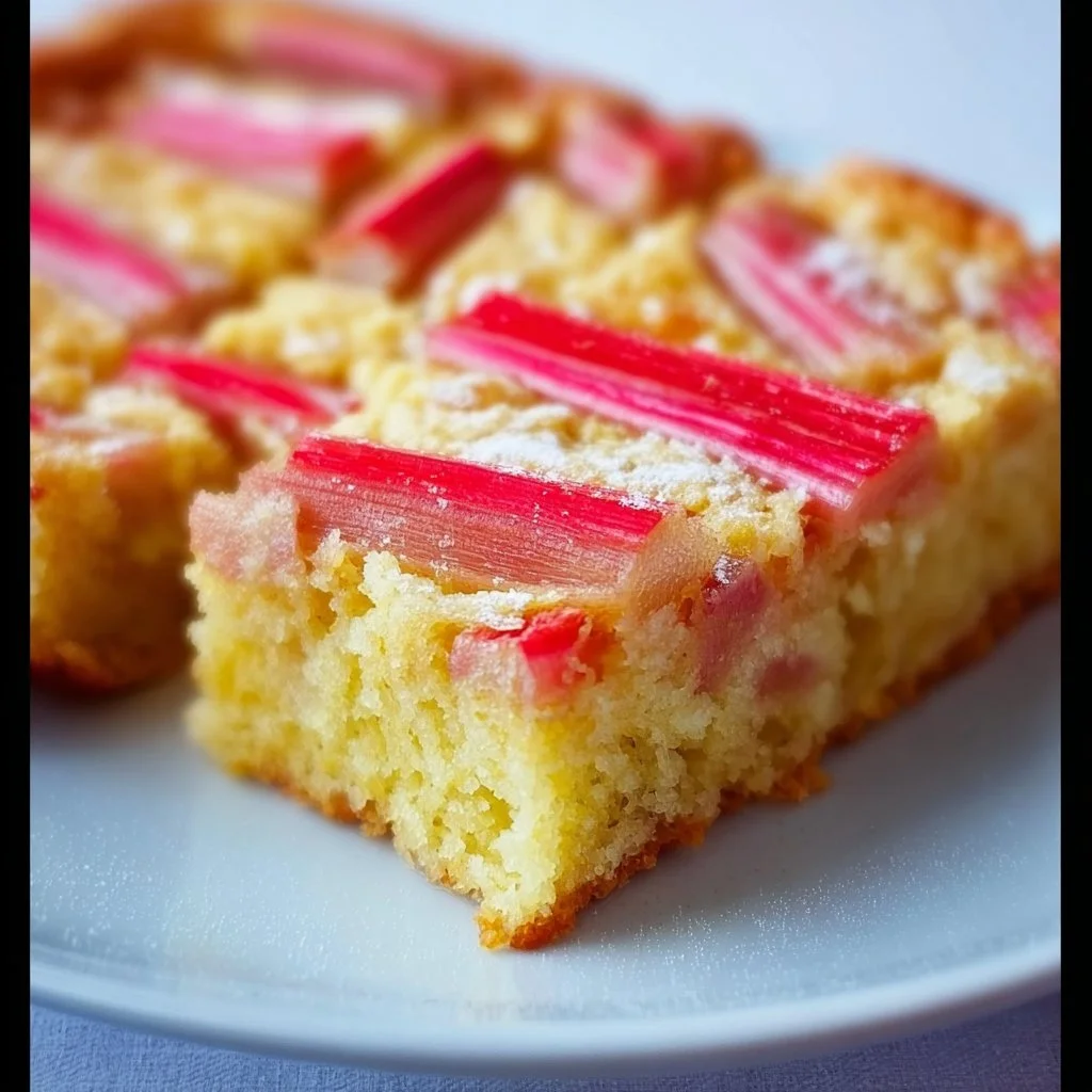Rhabarber Sheet Cake mit Vanillepudding auf einem Teller serviert