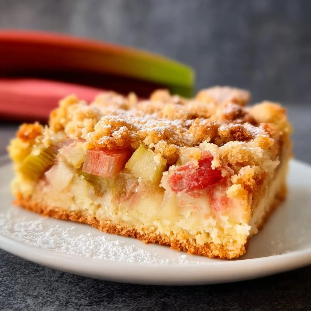 Ein köstlicher Rhabarberkuchen mit Streuseln auf einem Tisch