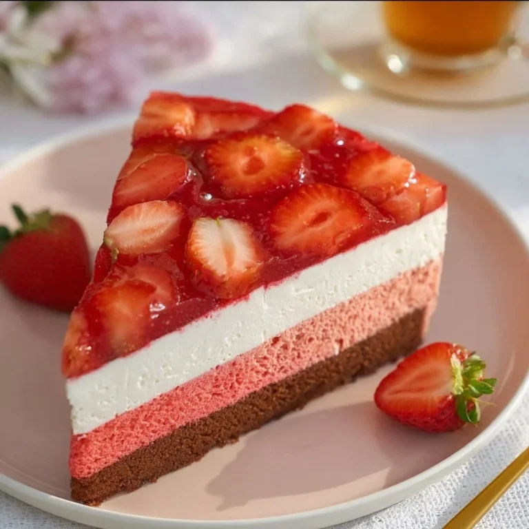 Dreifarbiger Erdbeerkuchen mit frischen Erdbeeren und leckerer Creme