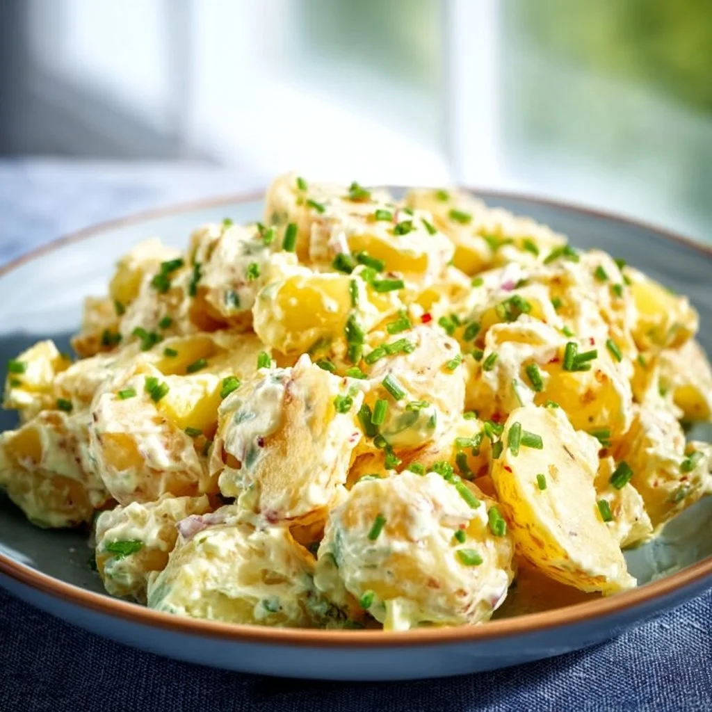 Einfache Kartoffelsalat mit frischen Zutaten serviert