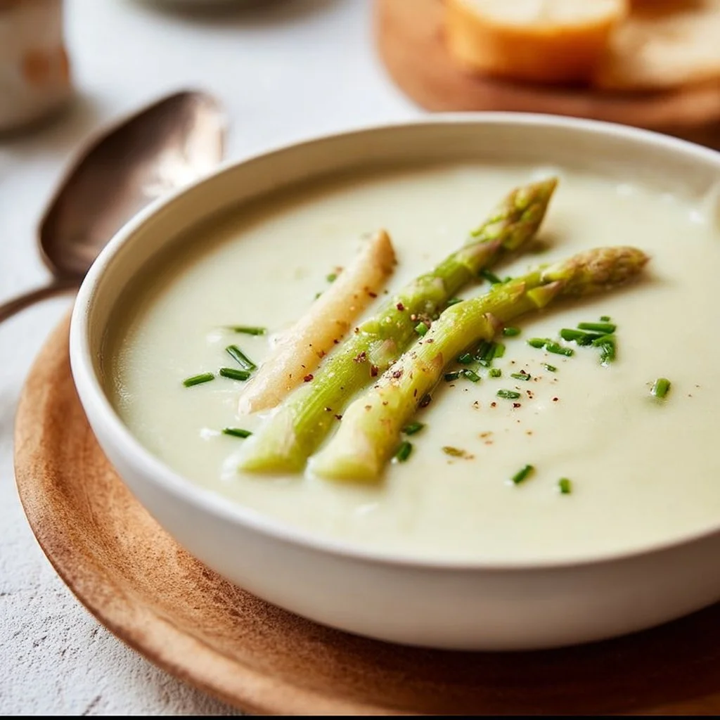 Schüssel mit einfacher Spargelcremesuppe auf einem Holz Tisch