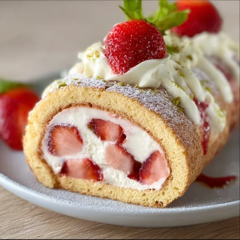 Erdbeer Biskuitrolle mit frischen Erdbeeren und Sahne