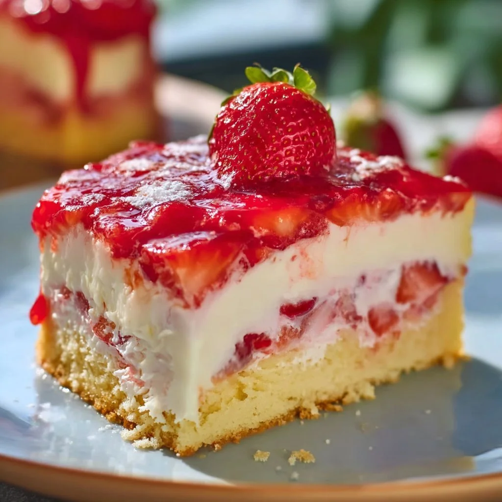 Erdbeer-Schmandkuchen mit frischen Erdbeeren auf einem Teller
