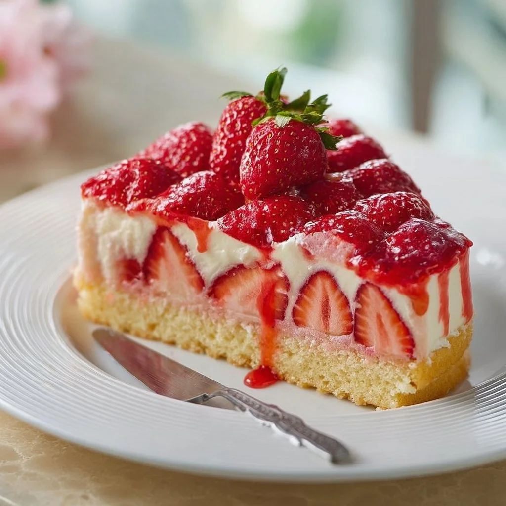 Erdbeerkuchen mit Biskuitboden auf einem weißen Teller