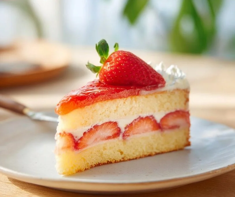 Erdbeerkuchen mit Biskuitboden und Vanillepudding auf einem Teller serviert