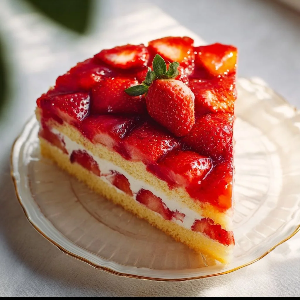 Erdbeerkuchen mit Biskuitboden und Vanillepudding