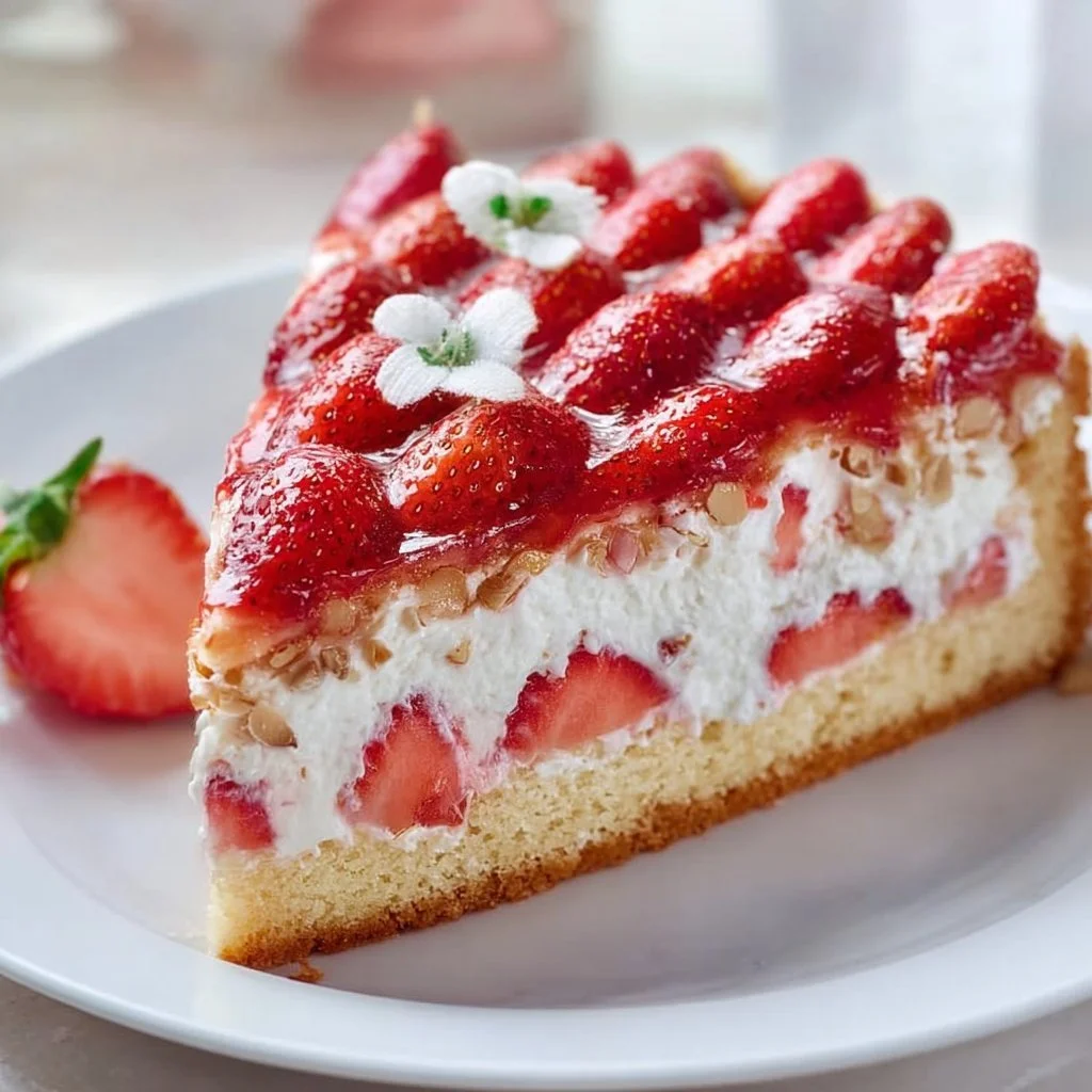 Erdbeerkuchen mit Mascarpone-Creme und Mandelboden auf einem eleganten Teller