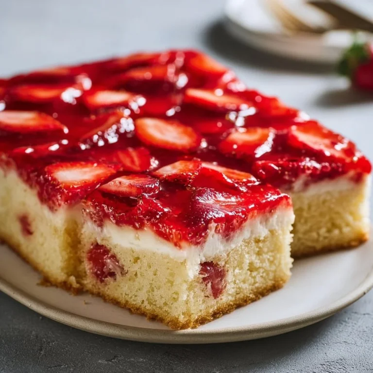 Erdbeerkuchen vom Blech mit Pudding auf einem Tisch serviert
