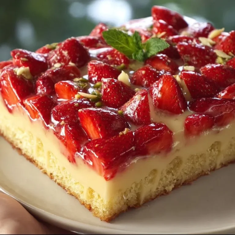 Erdbeerkuchen vom Blech mit Vanillepudding und frischen Erdbeeren