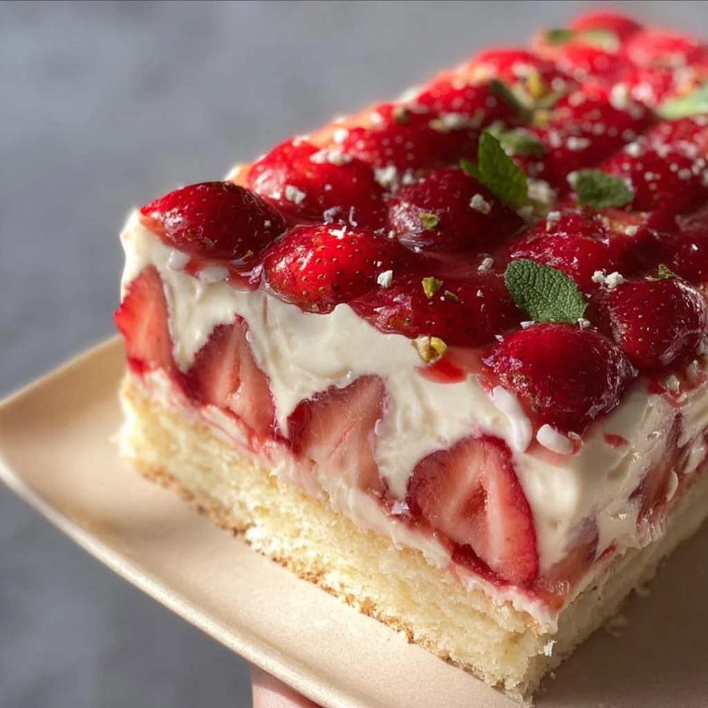 Erdbeerkuchen vom Blech mit Vanillepudding