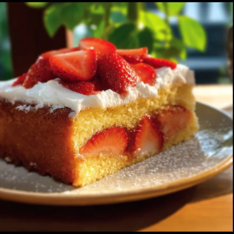 Fanta Kuchen mit Erdbeeren auf einem Teller serviert.