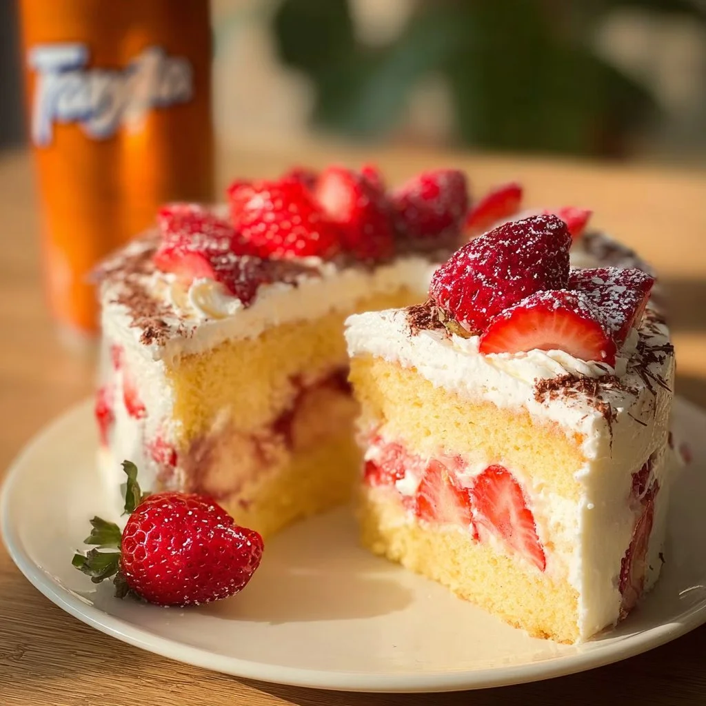 Fantakuchen mit Erdbeeren auf einem Teller serviert, dekoriert mit Minzblättern.